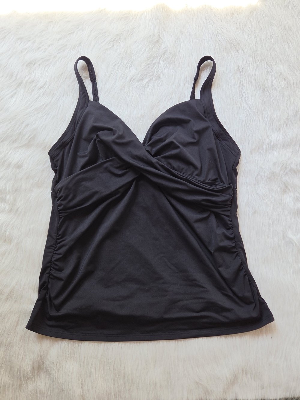 LANDS END Black V-Neck Wrap Tankini Swimsuit Top Womens Padded Underwire 16